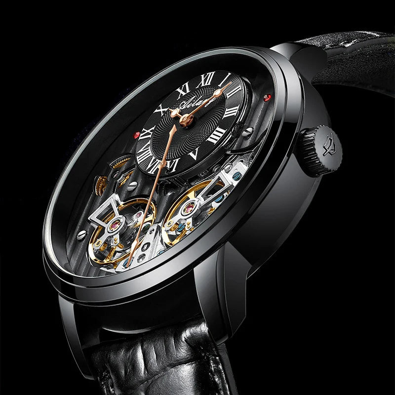 AILANG Double Tourbillon Automatic Flying Waterproof Relogio Leather Men Wristwatch