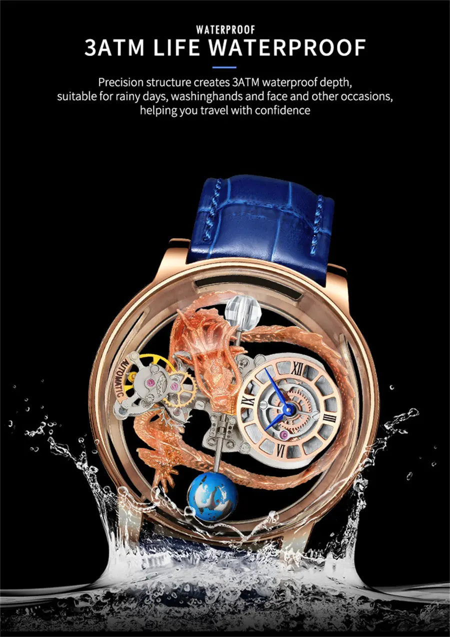 PINDU Design Art astronomique Sculpture Traditionnelle Artisanat Dragon dor en Trois Dimensions Men Watch