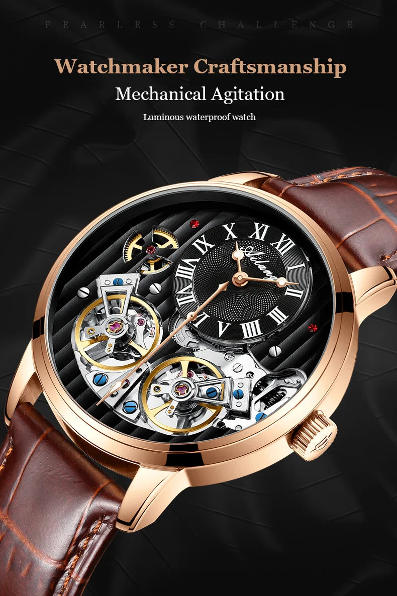 AILANG Double Tourbillon Automatic Flying Waterproof Relogio Leather Men Wristwatch