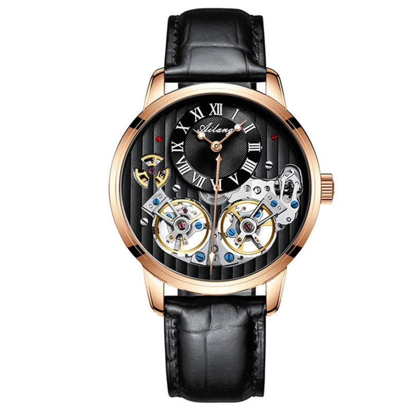AILANG Double Tourbillon Automatic Flying Waterproof Relogio Leather Men Wristwatch