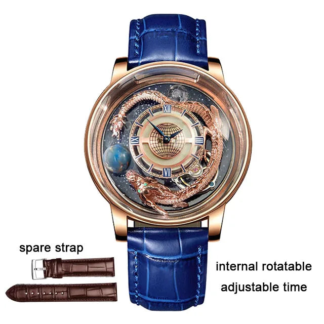 PINDU Design Art astronomique Sculpture Traditionnelle Artisanat Dragon dor en Trois Dimensions Men Watch