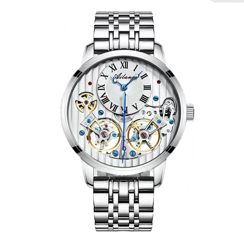 AILANG Double Tourbillon Automatic Flying Waterproof Relogio Leather Men Wristwatch