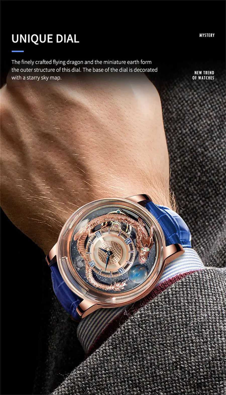 PINDU Design Art astronomique Sculpture Traditionnelle Artisanat Dragon dor en Trois Dimensions Men Watch