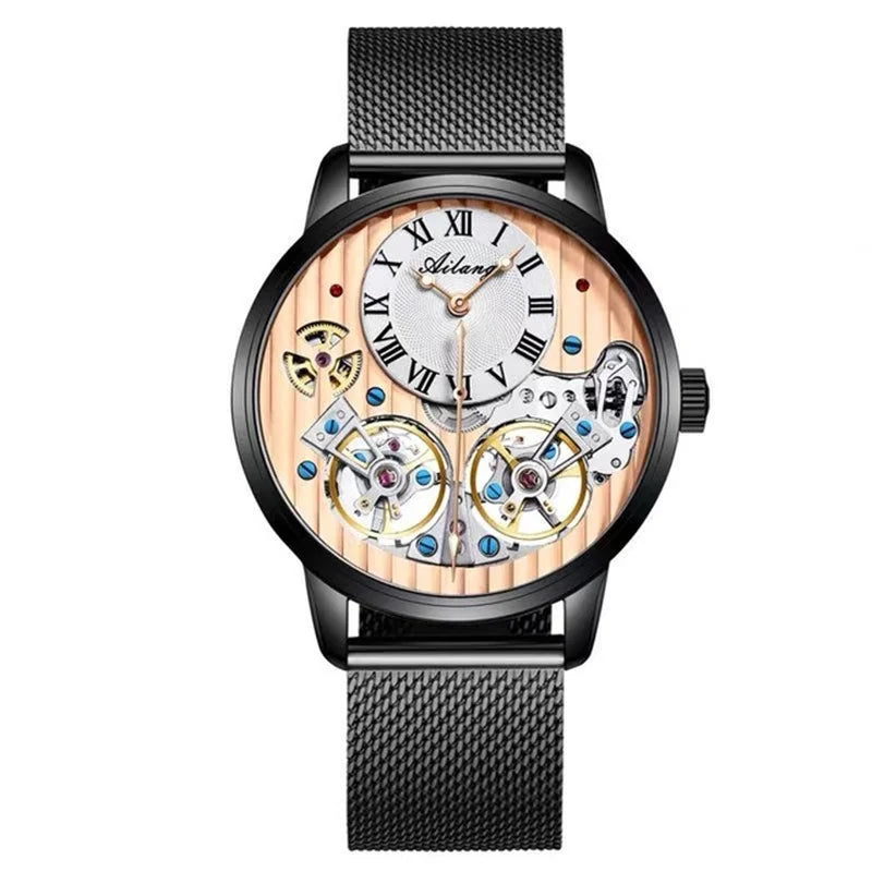 AILANG Double Tourbillon Automatic Flying Waterproof Relogio Leather Men Wristwatch