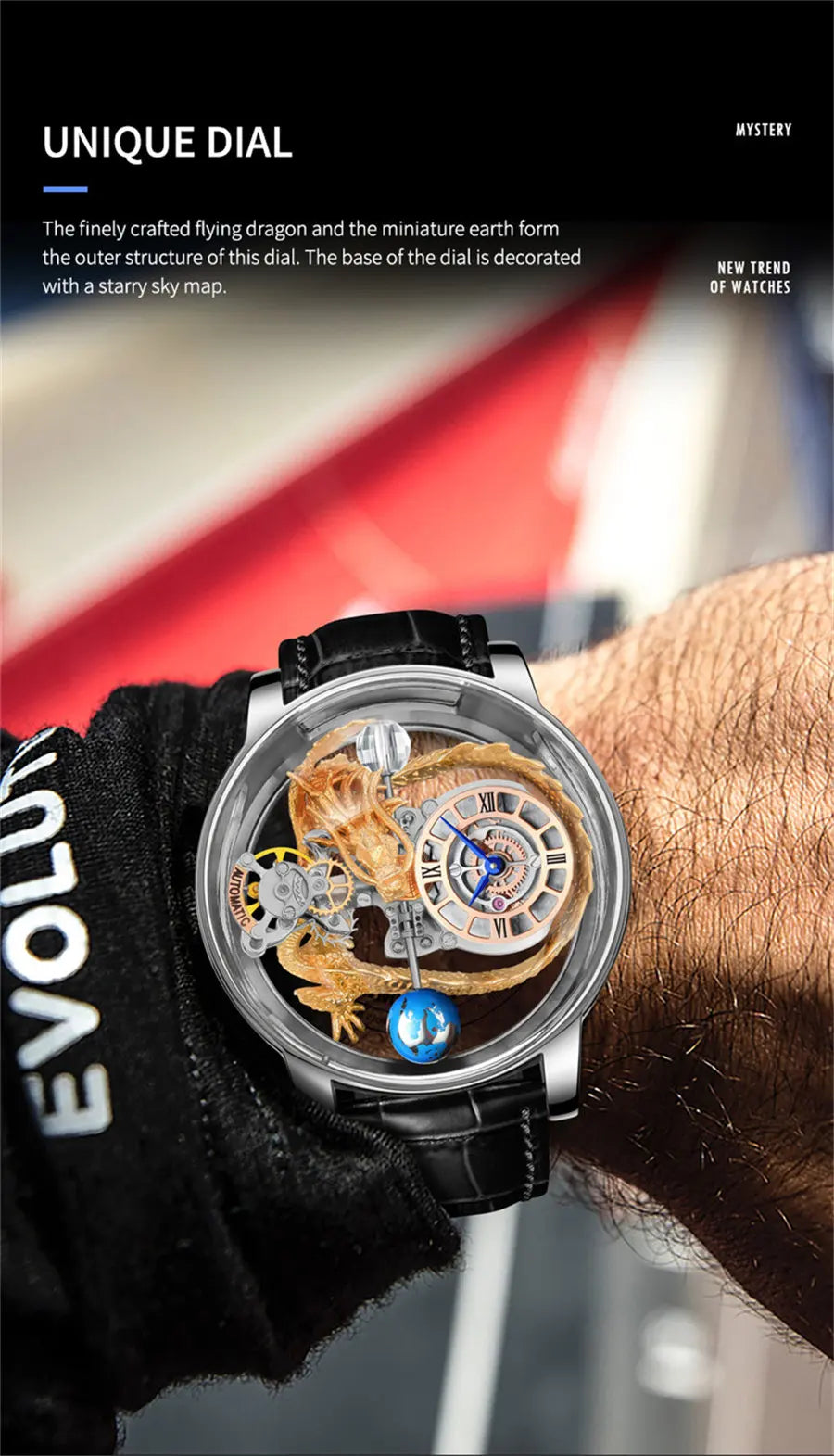 PINDU Design Art astronomique Sculpture Traditionnelle Artisanat Dragon dor en Trois Dimensions Men Watch