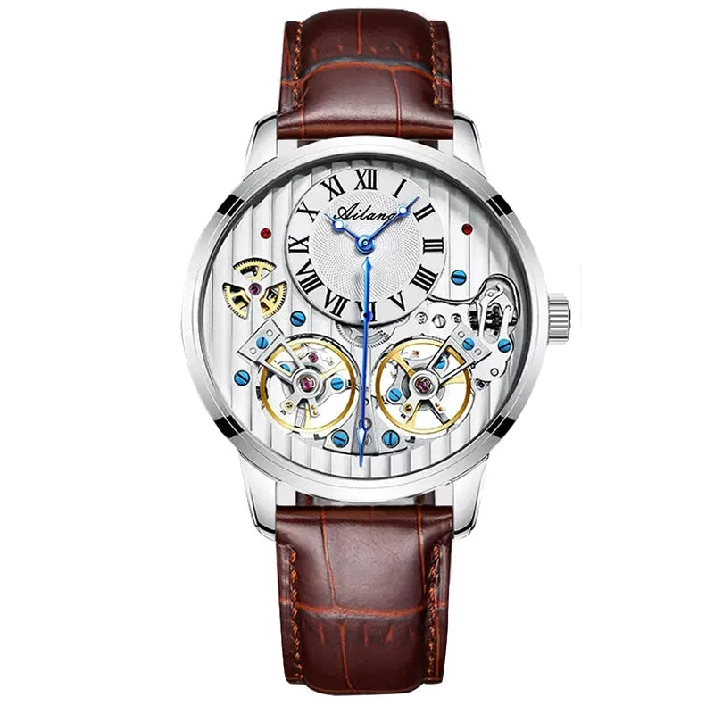 AILANG Double Tourbillon Automatic Flying Waterproof Relogio Leather Men Wristwatch