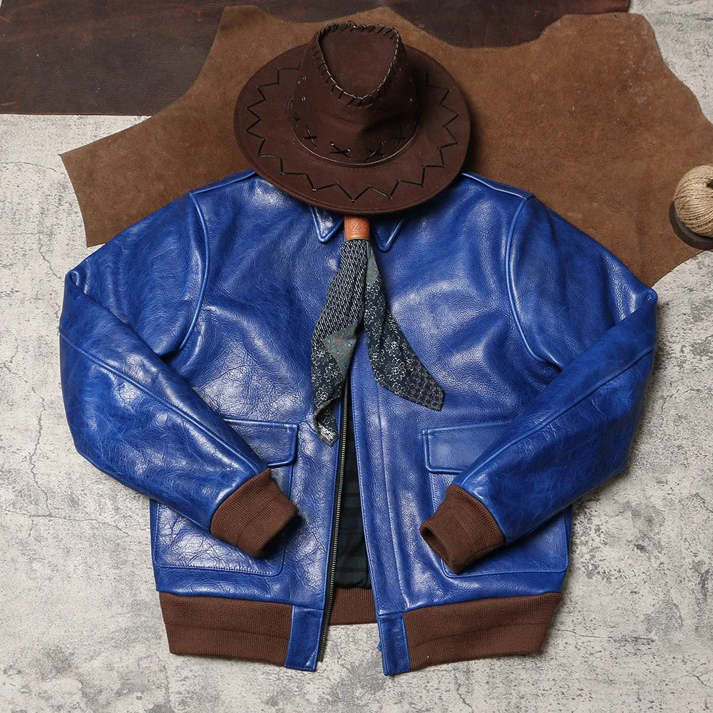 Wax Feel Unpainted Indigo Dyed Cowhide Jacket