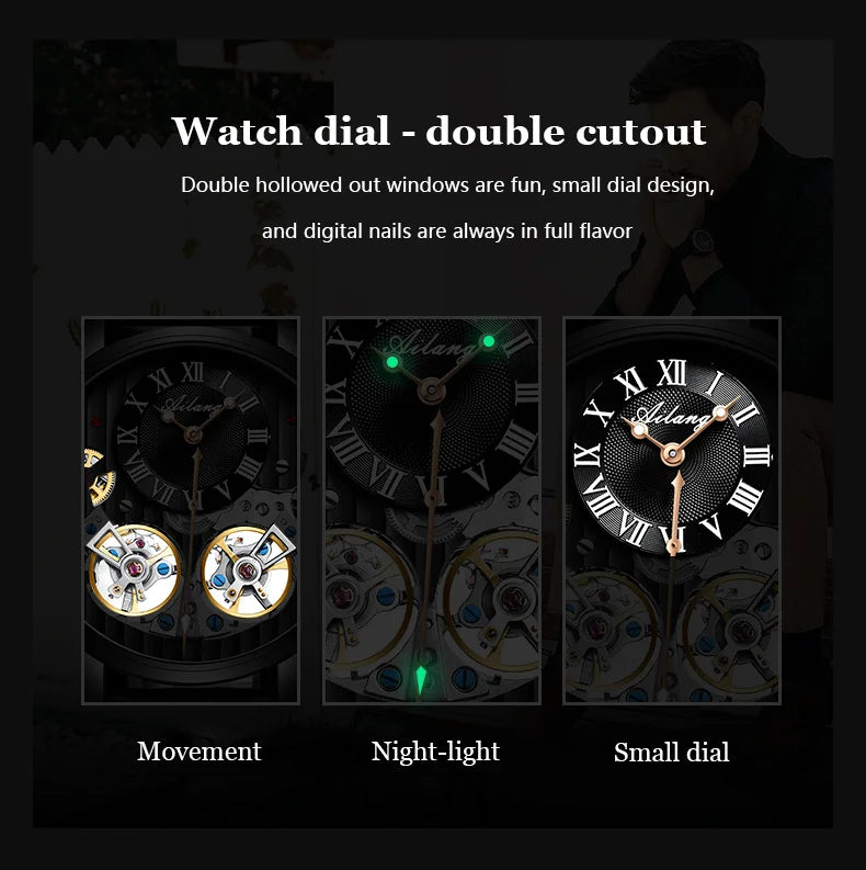 AILANG Double Tourbillon Automatic Flying Waterproof Relogio Leather Men Wristwatch