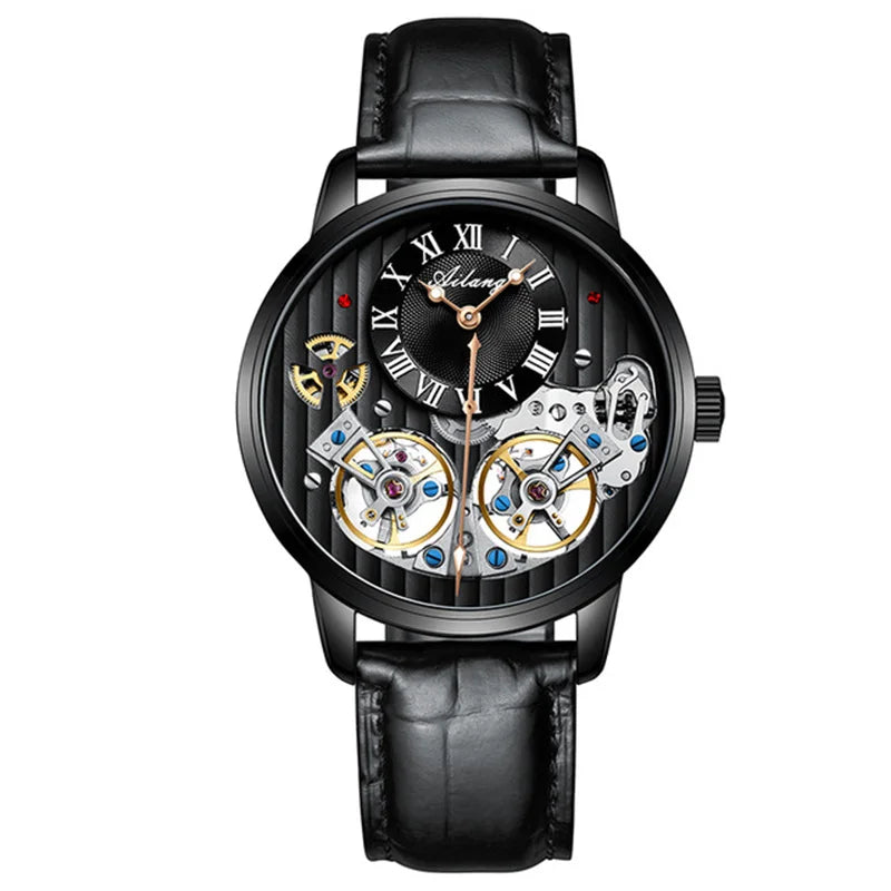 AILANG Double Tourbillon Automatic Flying Waterproof Relogio Leather Men Wristwatch