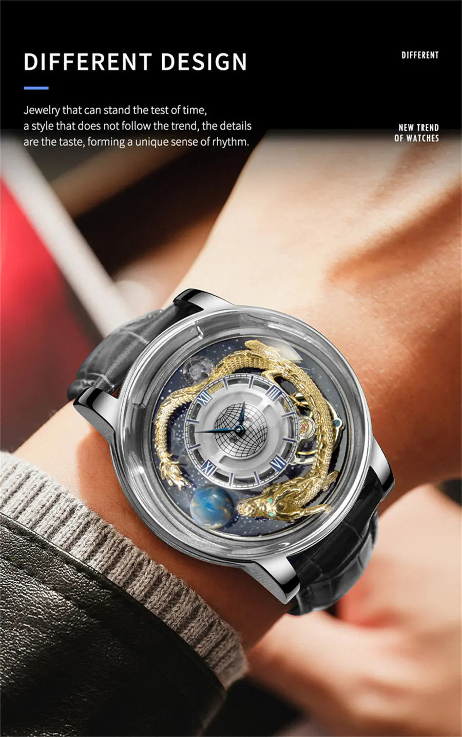 PINDU Design Art astronomique Sculpture Traditionnelle Artisanat Dragon dor en Trois Dimensions Men Watch