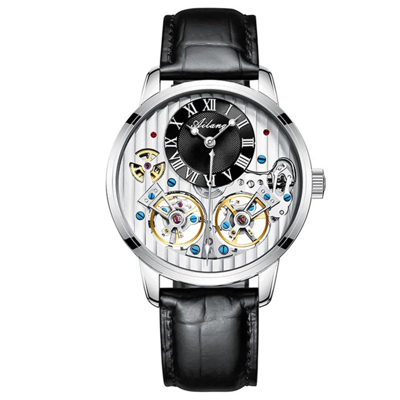 AILANG Double Tourbillon Automatic Flying Waterproof Relogio Leather Men Wristwatch