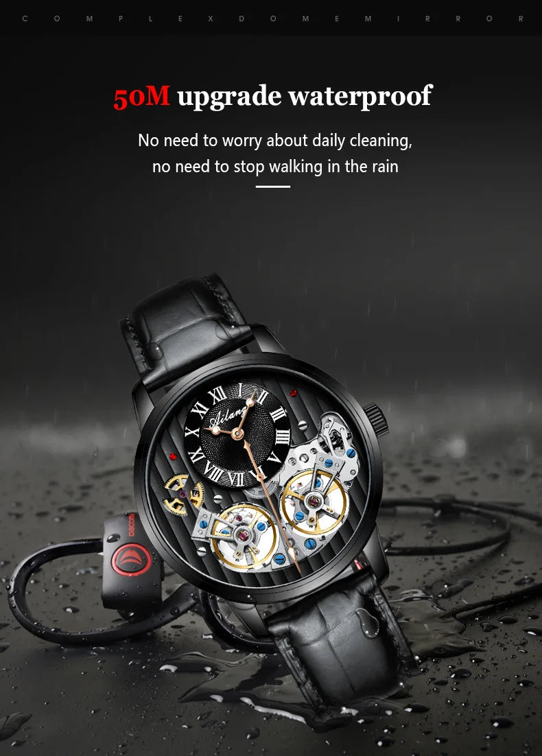 AILANG Double Tourbillon Automatic Flying Waterproof Relogio Leather Men Wristwatch