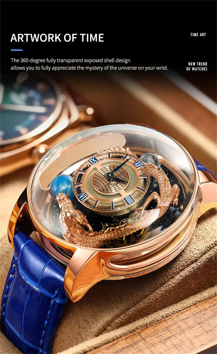 PINDU Design Art astronomique Sculpture Traditionnelle Artisanat Dragon dor en Trois Dimensions Men Watch