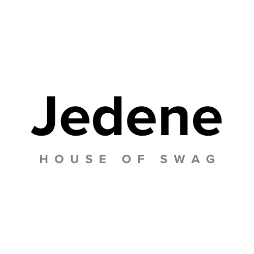 Jedene House of Swag Logo with Black text and gray text on a white background. It's looking kinda groovy.
