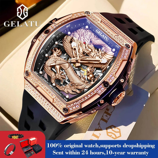 Waterproof Silicone Strap Luminous GELATU 6021 Hollow Dragon Men Watch
