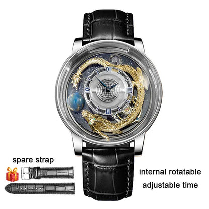 PINDU Design Art astronomique Sculpture Traditionnelle Artisanat Dragon dor en Trois Dimensions Men Watch