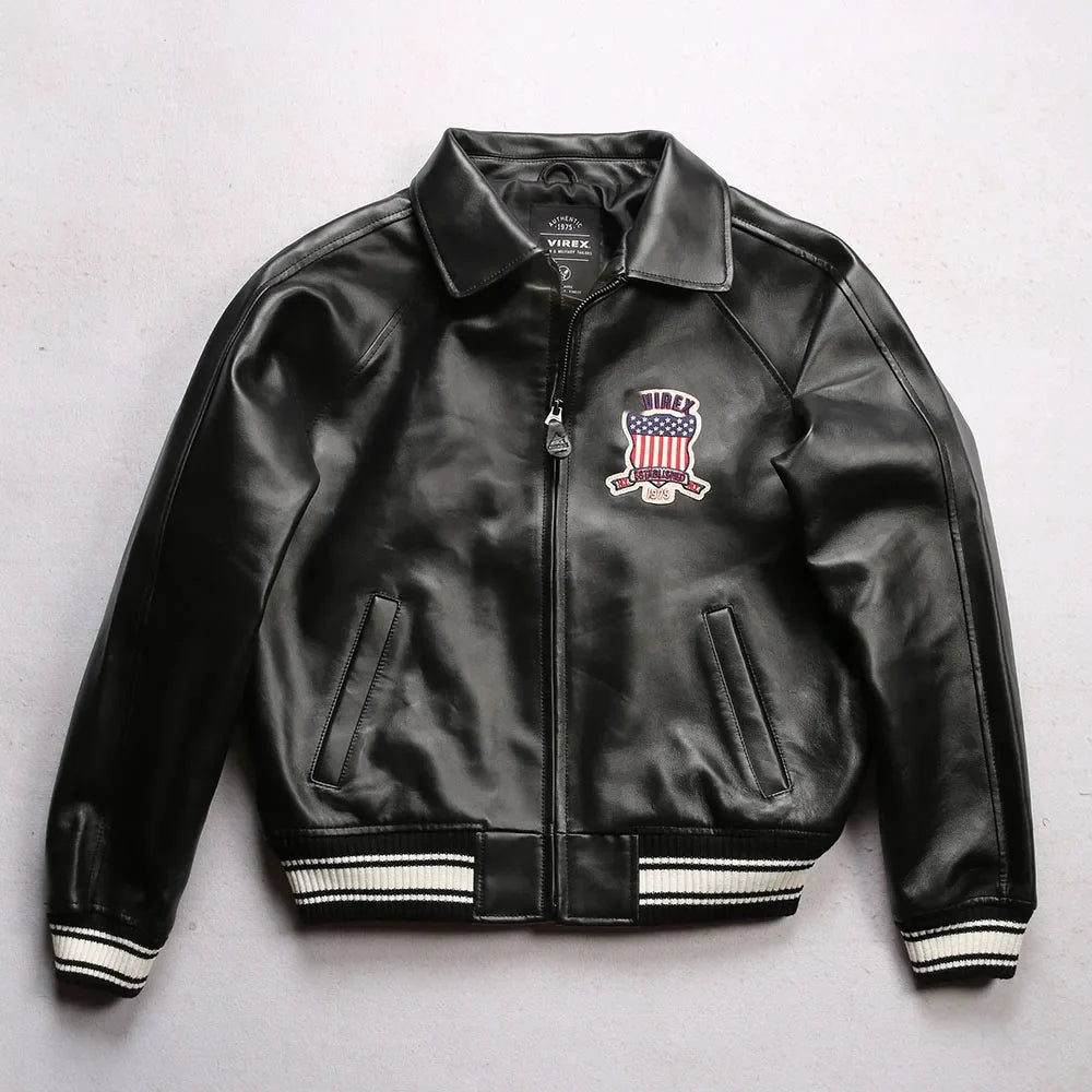 Fat plus size casual sports leather flight suit jacket men's European and American lapel sheepskin tops