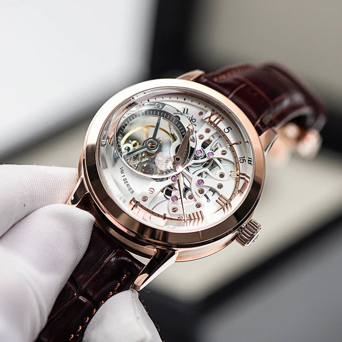 OBLVLO Top Brand Casual Mens Skeleton Dial Genuine Leather Watch