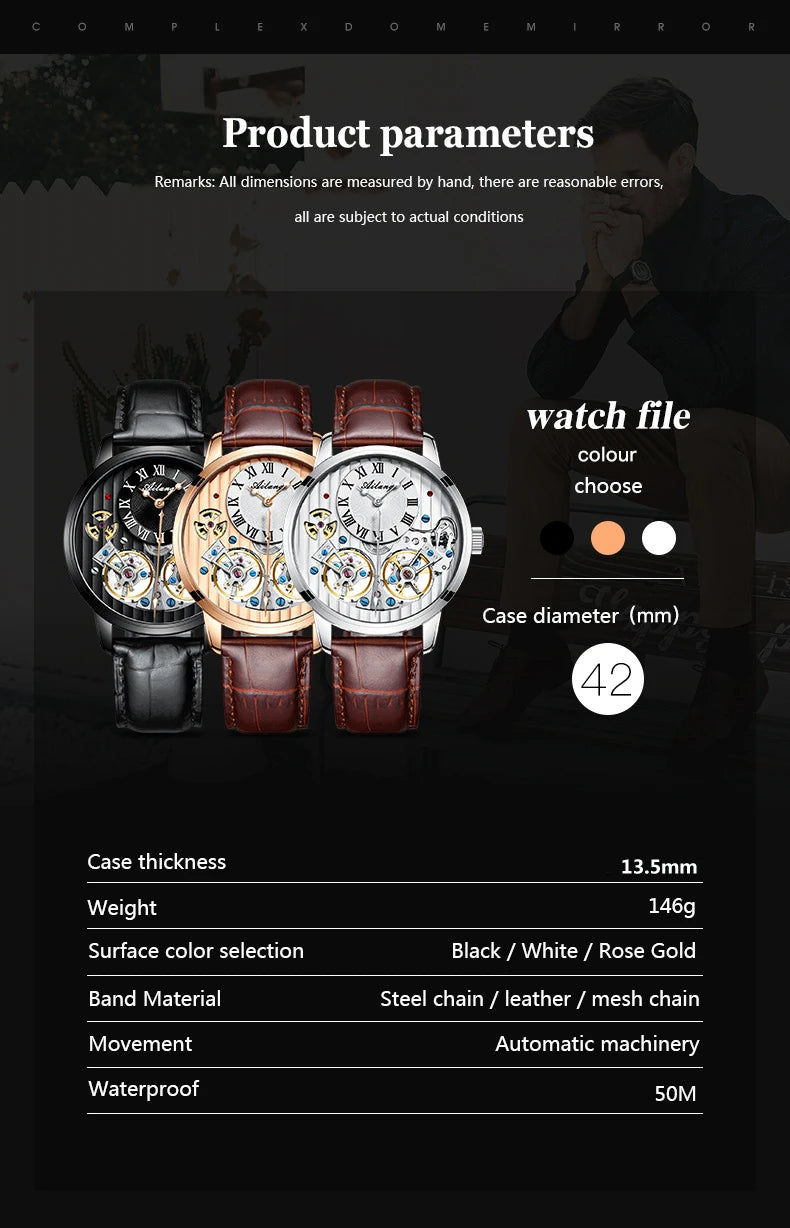 AILANG Double Tourbillon Automatic Flying Waterproof Relogio Leather Men Wristwatch