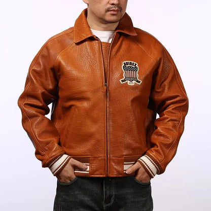 Fat plus size casual sports leather flight suit jacket men's European and American lapel sheepskin tops