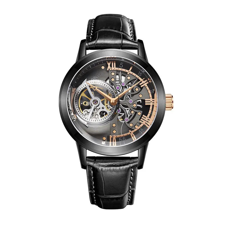 OBLVLO Top Brand Casual Mens Skeleton Dial Genuine Leather Watch