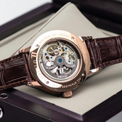 OBLVLO Top Brand Casual Mens Skeleton Dial Genuine Leather Watch