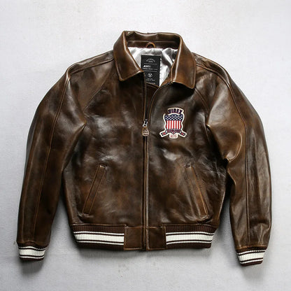 Fat plus size casual sports leather flight suit jacket men's European and American lapel sheepskin tops