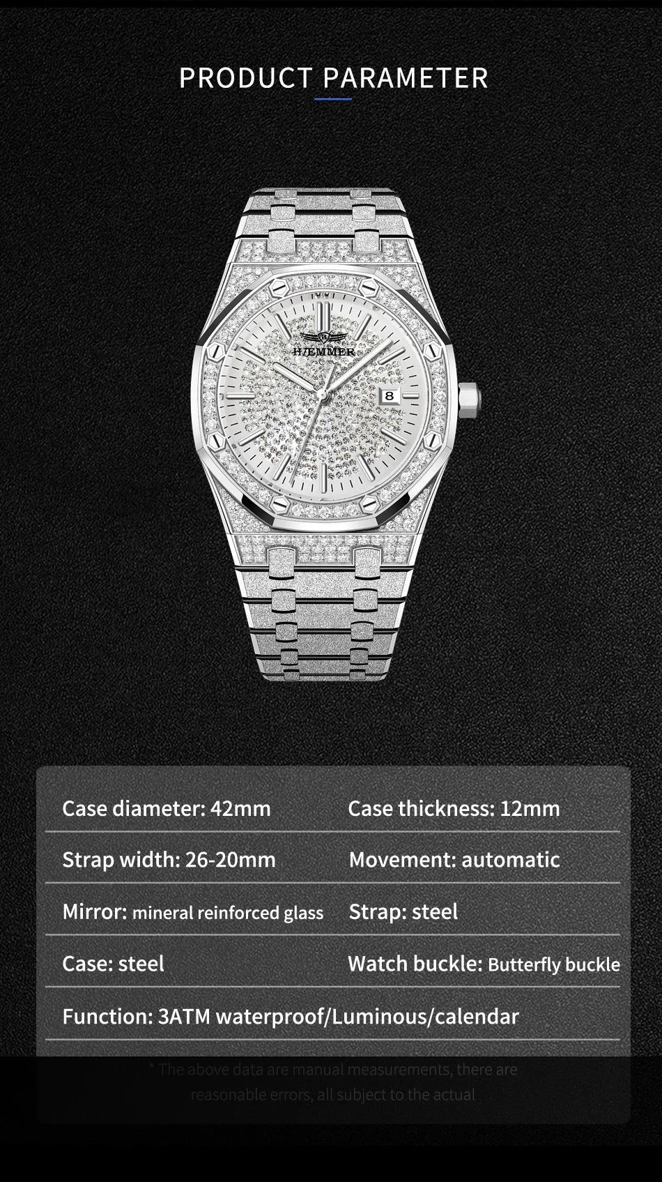 HAEMMER Luxury Fashion Men's Automatic Frame Original Silver Waterproof Clock Relogio Mechanical Watch