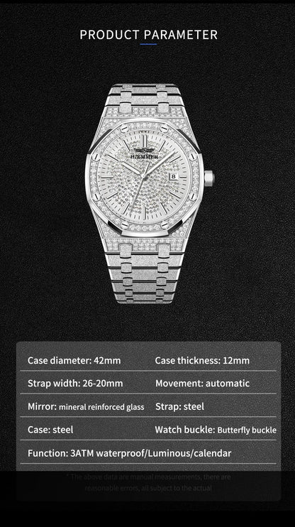 HAEMMER Luxury Fashion Men's Automatic Frame Original Silver Waterproof Clock Relogio Mechanical Watch