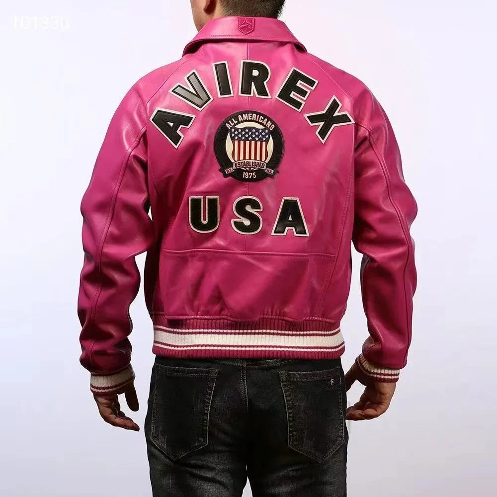 Fat plus size casual sports leather flight suit jacket men's European and American lapel sheepskin tops