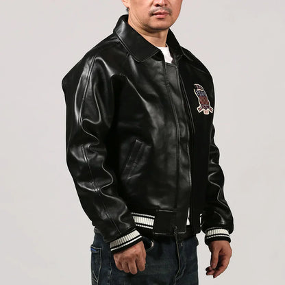 Fat plus size casual sports leather flight suit jacket men's European and American lapel sheepskin tops