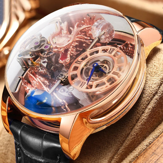 PINDU Design Art astronomique Sculpture Traditionnelle Artisanat Dragon dor en Trois Dimensions Men Watch