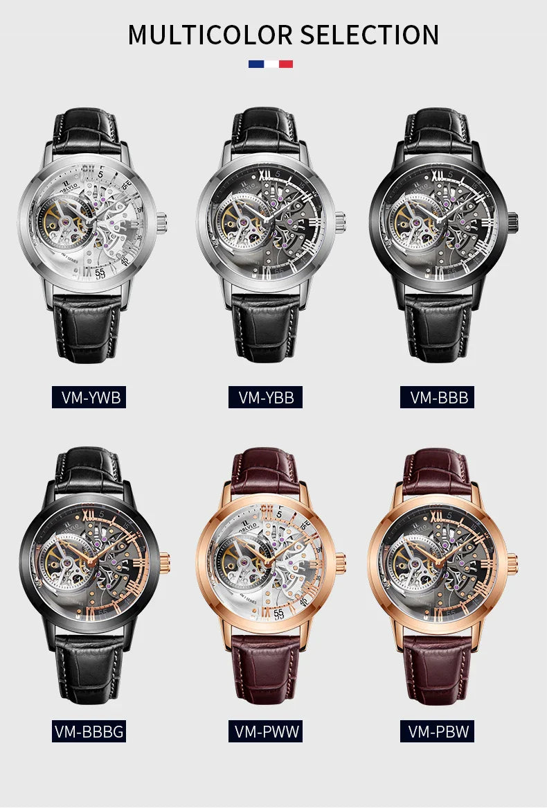 OBLVLO Top Brand Casual Mens Skeleton Dial Genuine Leather Watch