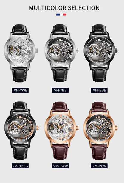 OBLVLO Top Brand Casual Mens Skeleton Dial Genuine Leather Watch