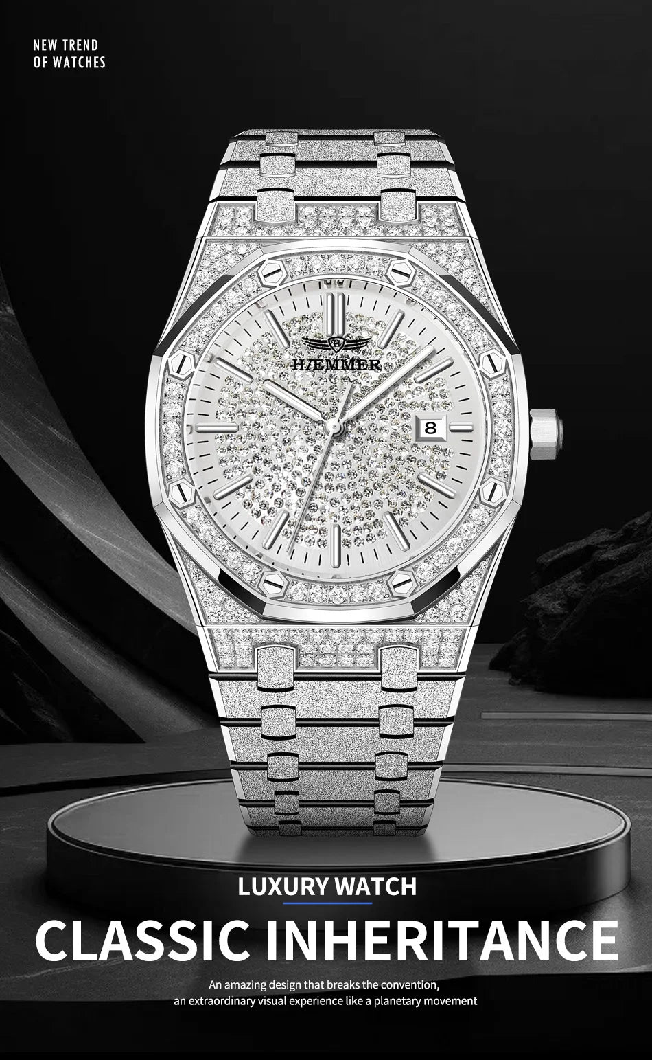 HAEMMER Luxury Fashion Men's Automatic Frame Original Silver Waterproof Clock Relogio Mechanical Watch