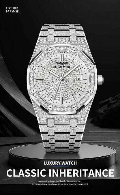 HAEMMER Luxury Fashion Men's Automatic Frame Original Silver Waterproof Clock Relogio Mechanical Watch