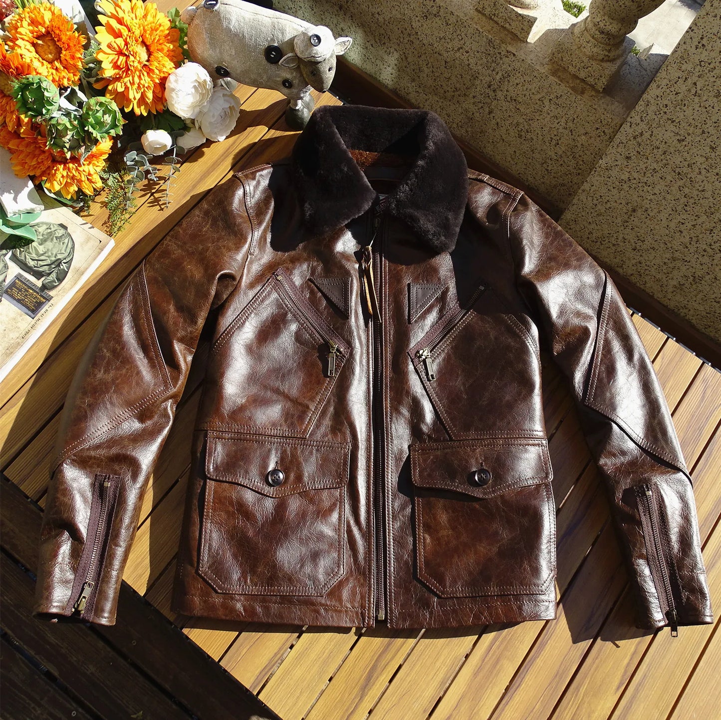 Men's Leather Flight Jacket Chocolate Military Style Vintage WinterCoat