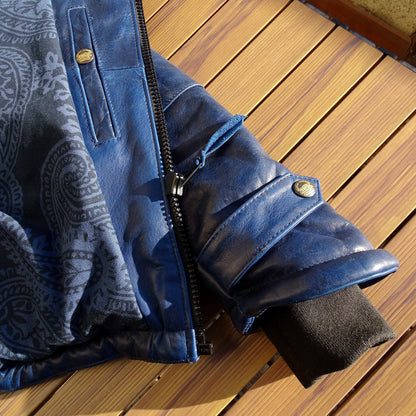 Batik horsehide cotton men women hat diagonal zipper horseshoe sleeve leather coat
