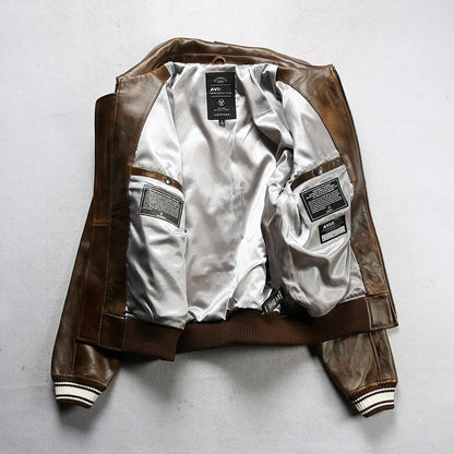 Fat plus size casual sports leather flight suit jacket men's European and American lapel sheepskin tops