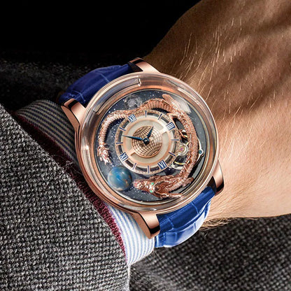 PINDU Design Art astronomique Sculpture Traditionnelle Artisanat Dragon dor en Trois Dimensions Men Watch