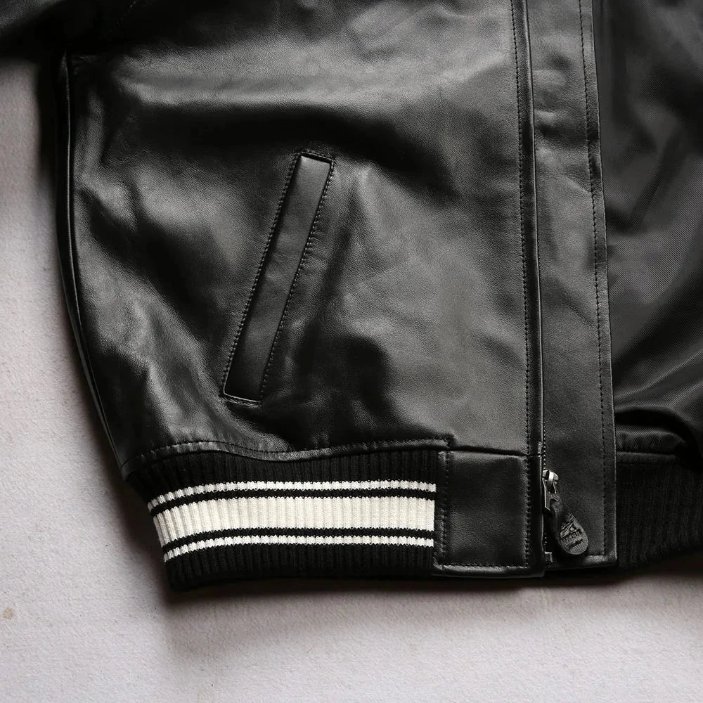 Fat plus size casual sports leather flight suit jacket men's European and American lapel sheepskin tops