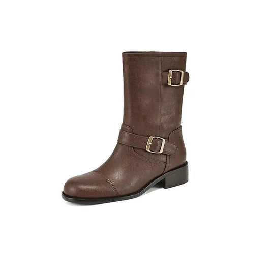 Retro Style Round Toe Short Barrel Heel Metal Belt Buckle Women's Boot