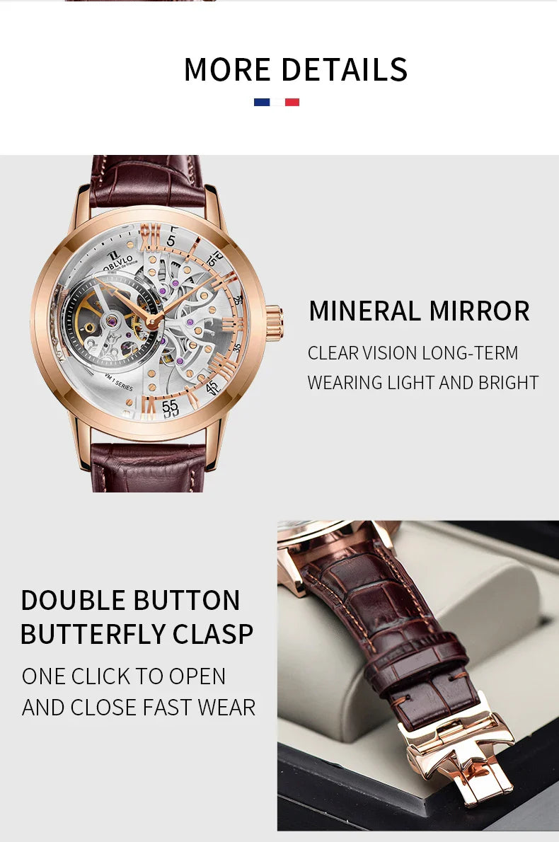 OBLVLO Top Brand Casual Mens Skeleton Dial Genuine Leather Watch