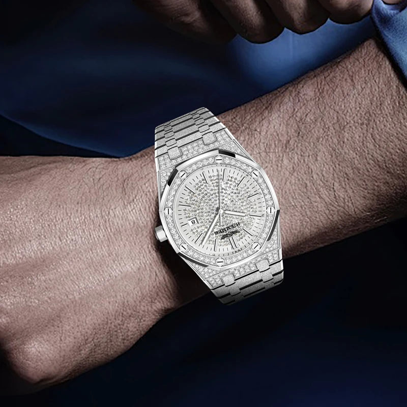 HAEMMER Luxury Fashion Men's Automatic Frame Original Silver Waterproof Clock Relogio Mechanical Watch