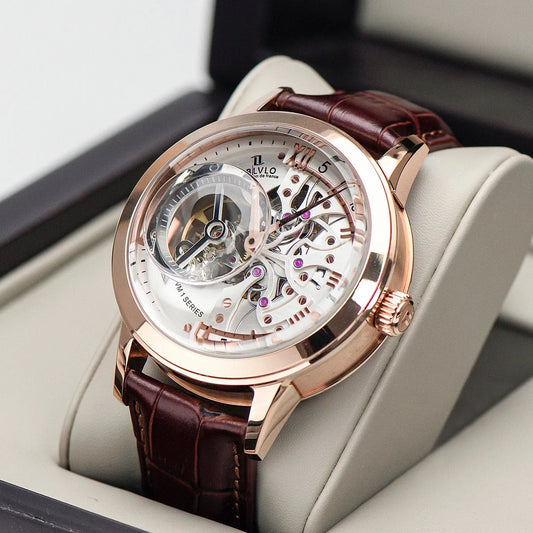 OBLVLO Top Brand Casual Mens Skeleton Dial Genuine Leather Watch