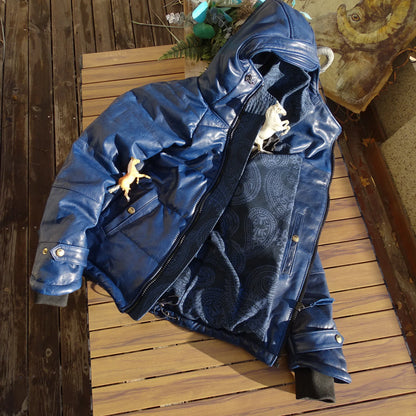 Batik horsehide cotton men women hat diagonal zipper horseshoe sleeve leather coat
