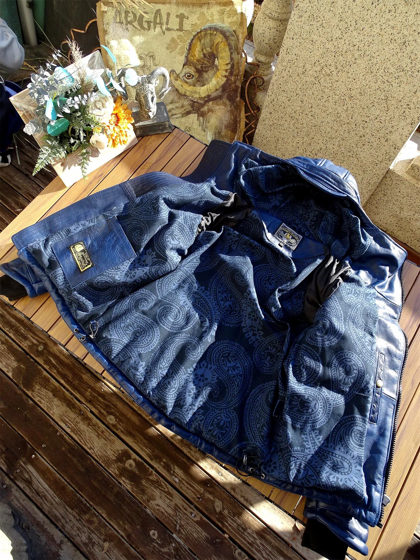 Batik horsehide cotton men women hat diagonal zipper horseshoe sleeve leather coat