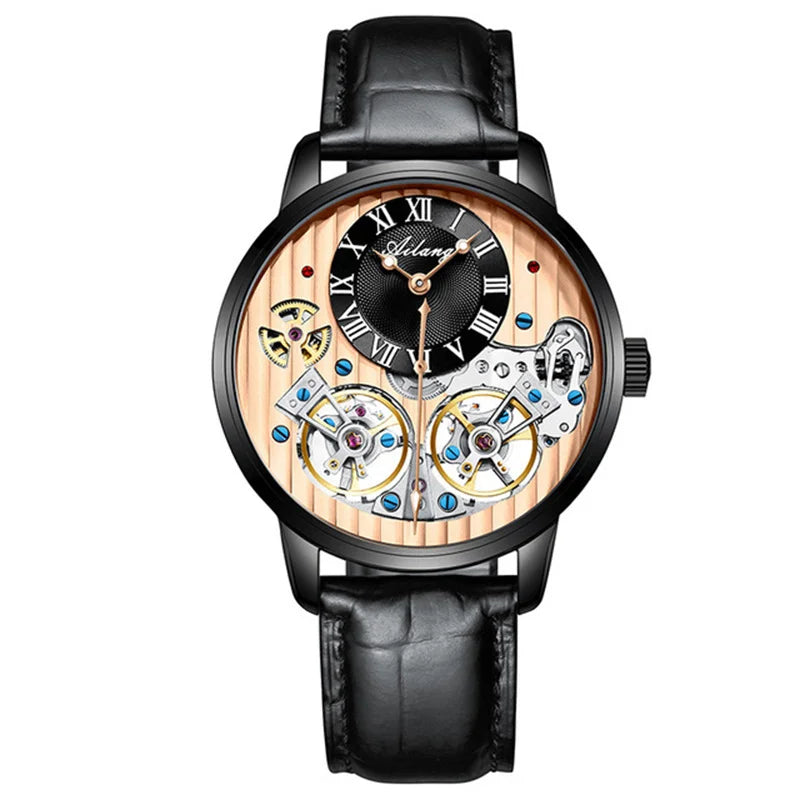 AILANG Double Tourbillon Automatic Flying Waterproof Relogio Leather Men Wristwatch