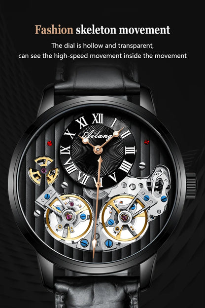 AILANG Double Tourbillon Automatic Flying Waterproof Relogio Leather Men Wristwatch