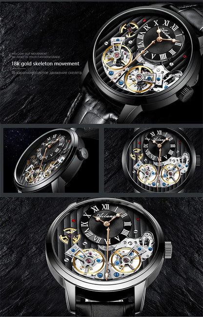 AILANG Double Tourbillon Automatic Flying Waterproof Relogio Leather Men Wristwatch